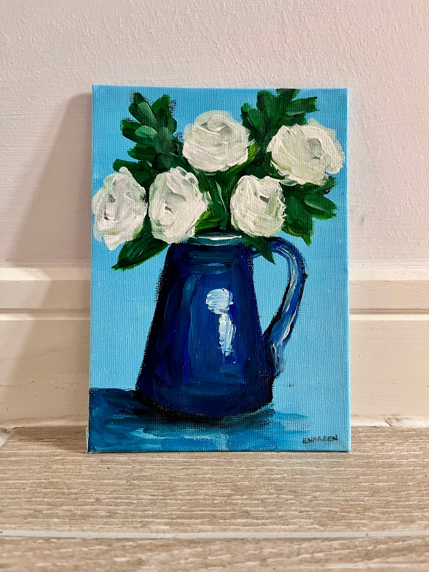 White roses in blue jug (original)